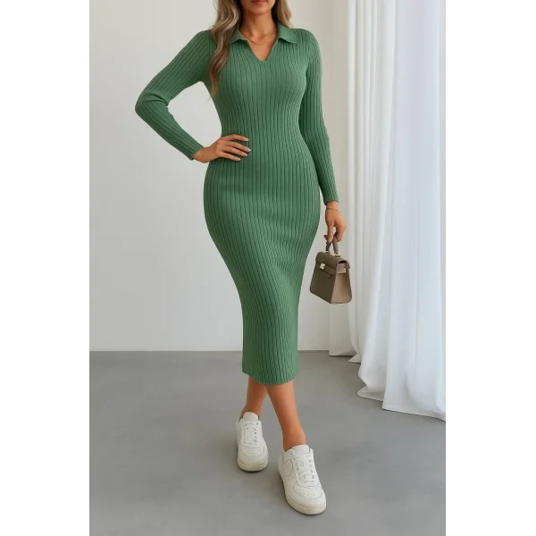 Kadın Uzun Kollu Yakalı Triko Elbise