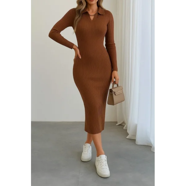 Kadın Uzun Kollu Yakalı Triko Elbise