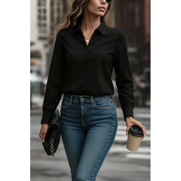 Kadın Uzun Kollu Yakalı Trikoton Gömlek