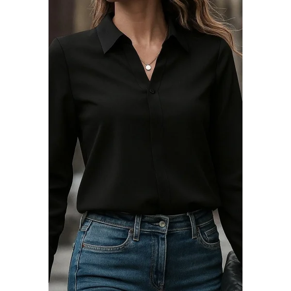 Kadın Uzun Kollu Yakalı Trikoton Gömlek