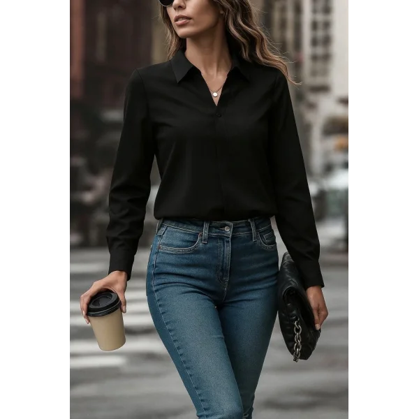 Kadın Uzun Kollu Yakalı Trikoton Gömlek