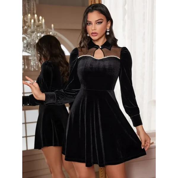 Kadın Uzun Kollu Yakalı Tül Detaylı Incili Mini Kadife Elbise