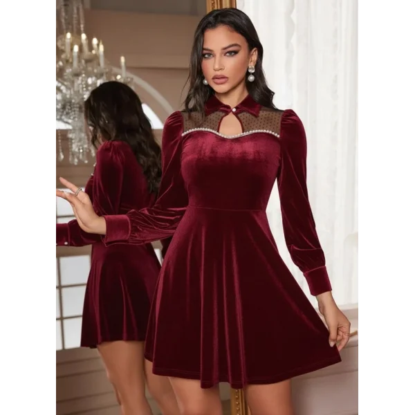 Kadın Uzun Kollu Yakalı Tül Detaylı Incili Mini Kadife Elbise