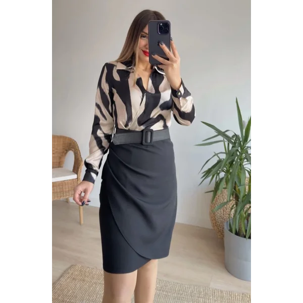 Kadın Uzun Kollu Yakalı üst Dalgıç Eteği Krep Kemerli Elbise