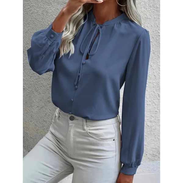 Kadın Uzun Kollu Yakalı Yakadan Bağcıklı Düğmeli Sandy Bluz