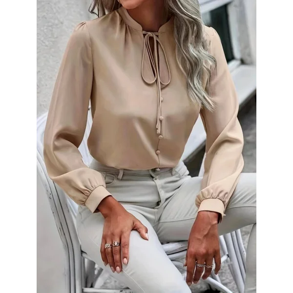Kadın Uzun Kollu Yakalı Yakadan Bağcıklı Düğmeli Sandy Bluz