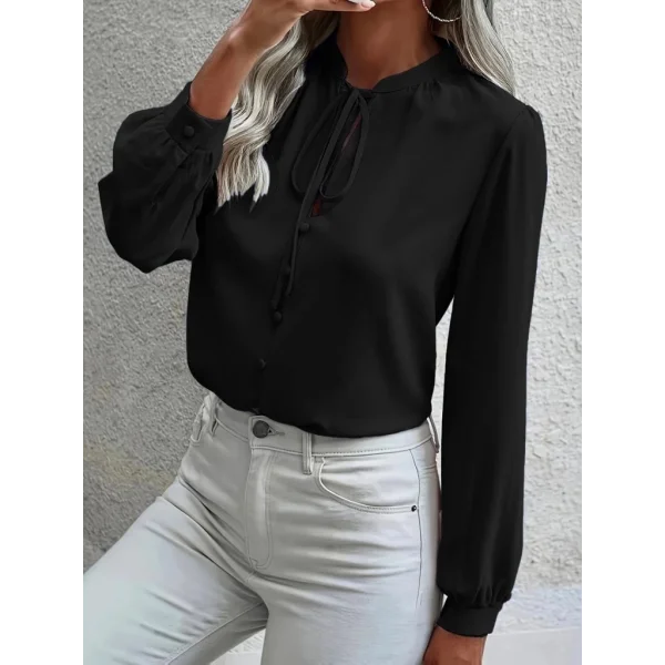 Kadın Uzun Kollu Yakalı Yakadan Bağcıklı Düğmeli Sandy Bluz