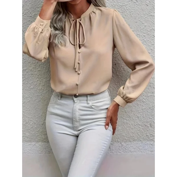 Kadın Uzun Kollu Yakalı Yakadan Bağcıklı Düğmeli Sandy Bluz