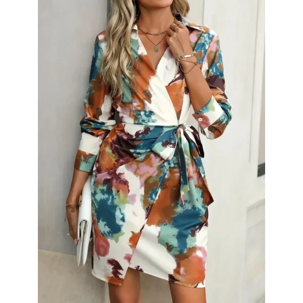 Kadın Uzun Kollu Yakalı Yandan Bağlamalı Mini Desenli Modal Elbise