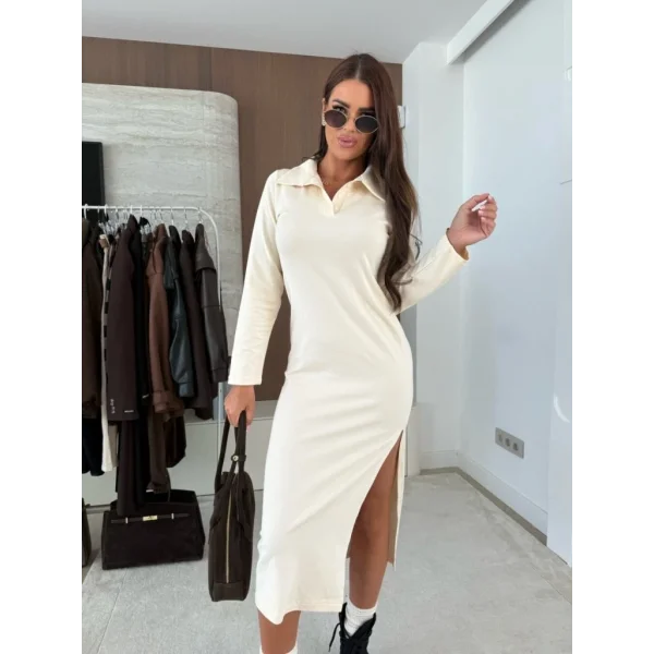 Kadın Uzun Kollu Yakalı Yandan Yırtmaçlı Midi Modal Elbise