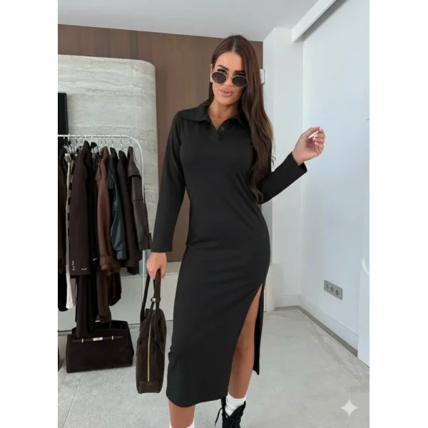 Kadın Uzun Kollu Yakalı Yandan Yırtmaçlı Midi Modal Elbise