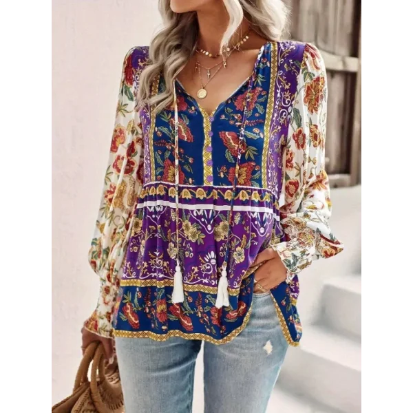 Kadın Uzun Kollu Yakası Açık Bağcıklı çiçek Desenli Salaş Bluz