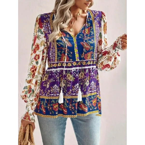 Kadın Uzun Kollu Yakası Açık Bağcıklı çiçek Desenli Salaş Bluz