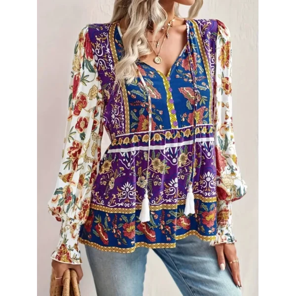 Kadın Uzun Kollu Yakası Açık Bağcıklı çiçek Desenli Salaş Bluz