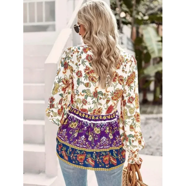Kadın Uzun Kollu Yakası Açık Bağcıklı çiçek Desenli Salaş Bluz