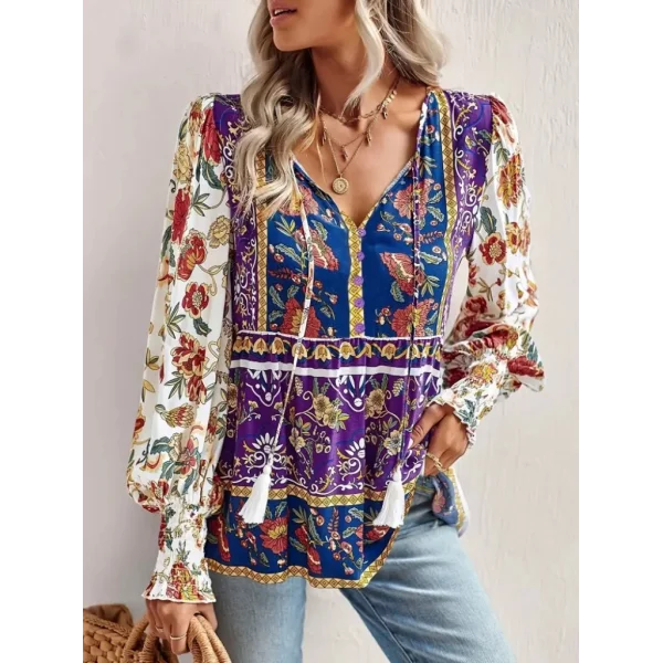 Kadın Uzun Kollu Yakası Açık Bağcıklı çiçek Desenli Salaş Bluz
