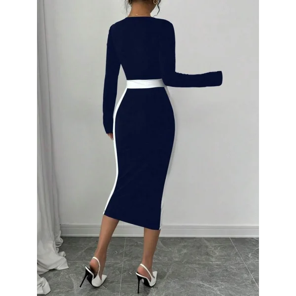 Kadın Uzun Kollu Yakası Açık Midi Ithal Krep Elbise