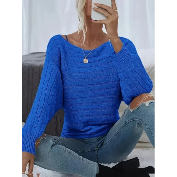 Kadın Uzun Kollu Yakası Açık Saç örgü Desenli Triko Bluz