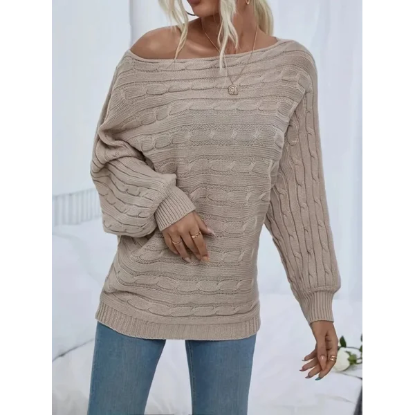 Kadın Uzun Kollu Yakası Açık Saç örgü Desenli Triko Bluz