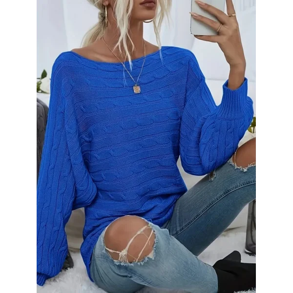 Kadın Uzun Kollu Yakası Açık Saç örgü Desenli Triko Bluz