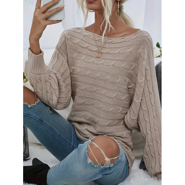 Kadın Uzun Kollu Yakası Açık Saç örgü Desenli Triko Bluz