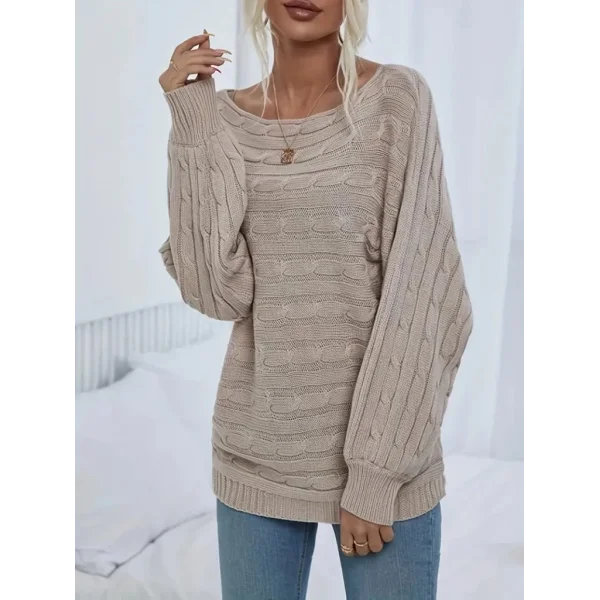 Kadın Uzun Kollu Yakası Açık Saç örgü Desenli Triko Bluz