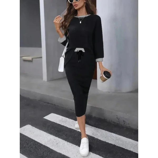 Kadın Uzun Kollu Yakası Açık şardonlu Kaşkorse Bluz Ve Eteği Bağcıklı Ikili Takım