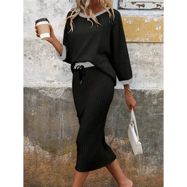 Kadın Uzun Kollu Yakası Açık şardonlu Kaşkorse Bluz Ve Eteği Bağcıklı Ikili Takım