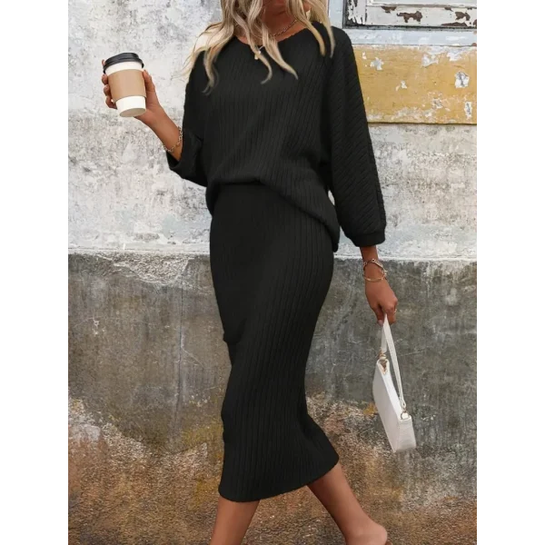 Kadın Uzun Kollu Yakası Açık Yarasa Kollu şardonlu Kaşkorse Bluz Ve Etek Takım