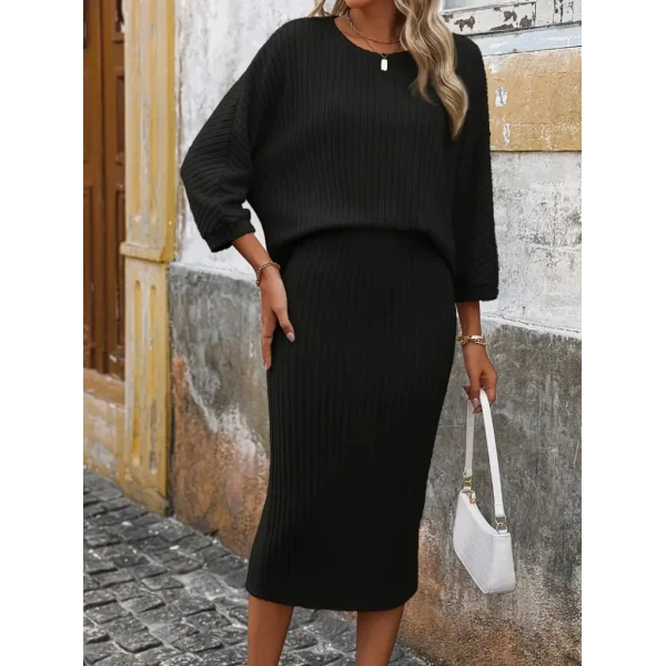 Kadın Uzun Kollu Yakası Açık Yarasa Kollu şardonlu Kaşkorse Bluz Ve Etek Takım