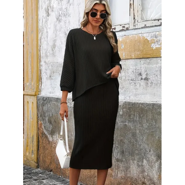 Kadın Uzun Kollu Yakası Açık Yarasa Kollu şardonlu Kaşkorse Bluz Ve Etek Takım