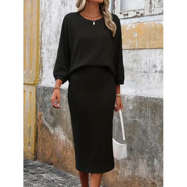 Kadın Uzun Kollu Yakası Açık Yarasa Kollu şardonlu Kaşkorse Bluz Ve Etek Takım