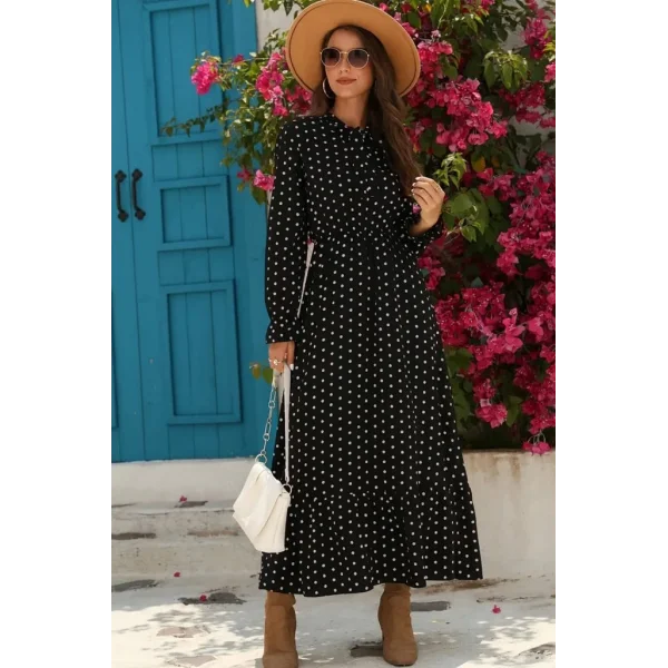 Kadın Uzun Kollu Yakası Bağcıklı Uzun Puantiyeli Krep Maxi Elbise