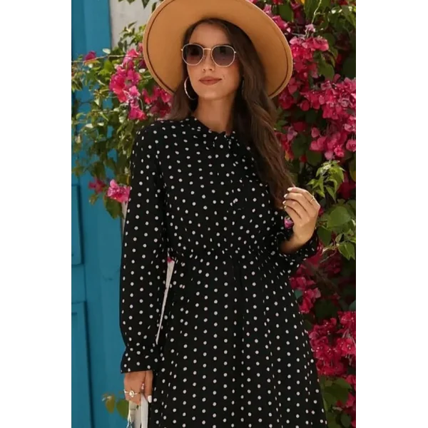 Kadın Uzun Kollu Yakası Bağcıklı Uzun Puantiyeli Krep Maxi Elbise