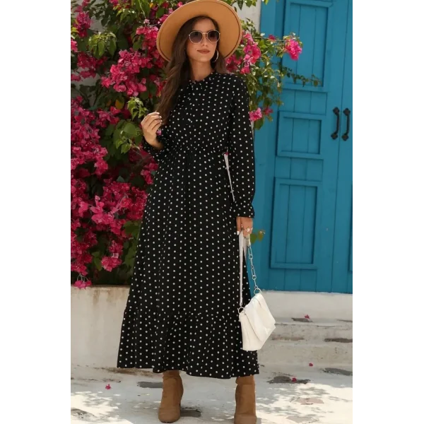 Kadın Uzun Kollu Yakası Bağcıklı Uzun Puantiyeli Krep Maxi Elbise