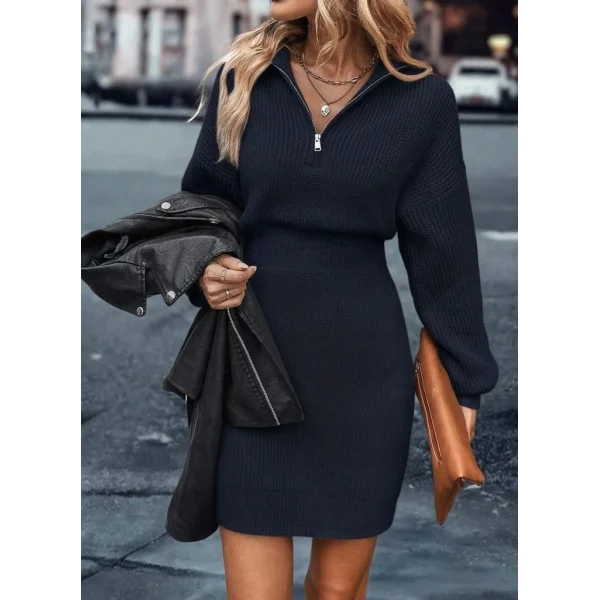 Kadın Uzun Kollu Yakası Fermuarlı Mini Triko Elbise