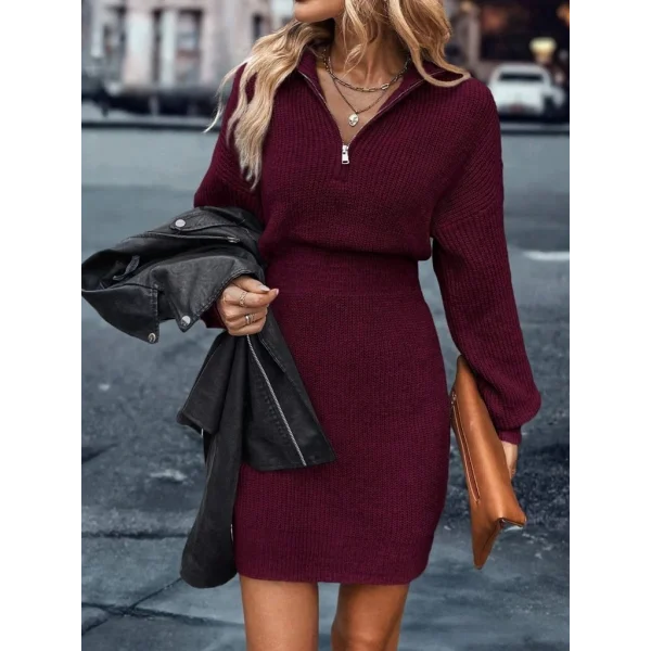 Kadın Uzun Kollu Yakası Fermuarlı Mini Triko Elbise