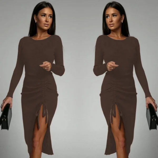 Kadın Uzun Kollu Yandan Büzgülü Yırtmaç Detay Kaşkorse Midi Boy Elbise