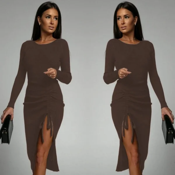 Kadın Uzun Kollu Yandan Büzgülü Yırtmaç Detay Kaşkorse Midi Boy Elbise