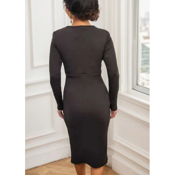 Kadın Uzun Kollu Yandan Büzgülü Yırtmaç Detay Kaşkorse Midi Boy Elbise