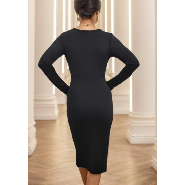 Kadın Uzun Kollu Yandan Büzgülü Yırtmaç Detay Kaşkorse Midi Boy Elbise