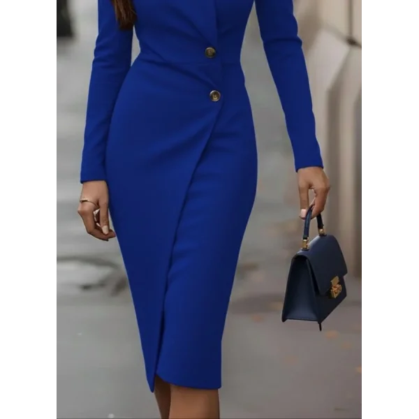 Kadın Uzun Kollu Yandan Düğmeli Kruvaze Yaka Detaylı Midi Ithal Krep Elbise