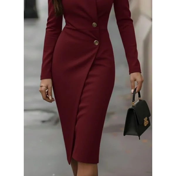 Kadın Uzun Kollu Yandan Düğmeli Kruvaze Yaka Detaylı Midi Ithal Krep Elbise