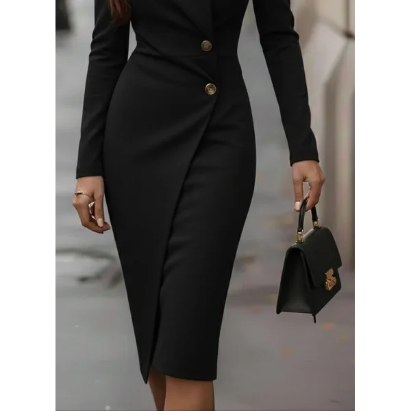 Kadın Uzun Kollu Yandan Düğmeli Kruvaze Yaka Detaylı Midi Ithal Krep Elbise