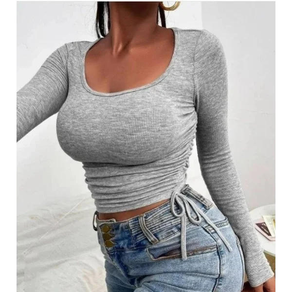 Kadın Uzun Kollu Yanlar Büzgü Detay Kaşkorse Crop