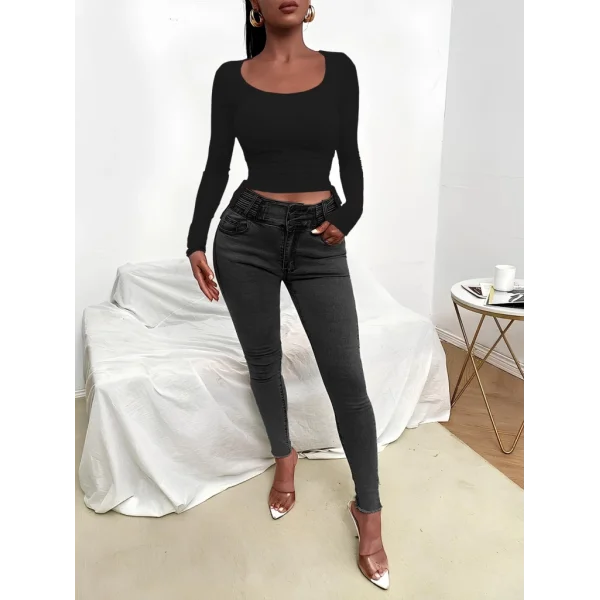 Kadın Uzun Kollu Yanlar Büzgü Detay Kaşkorse Crop