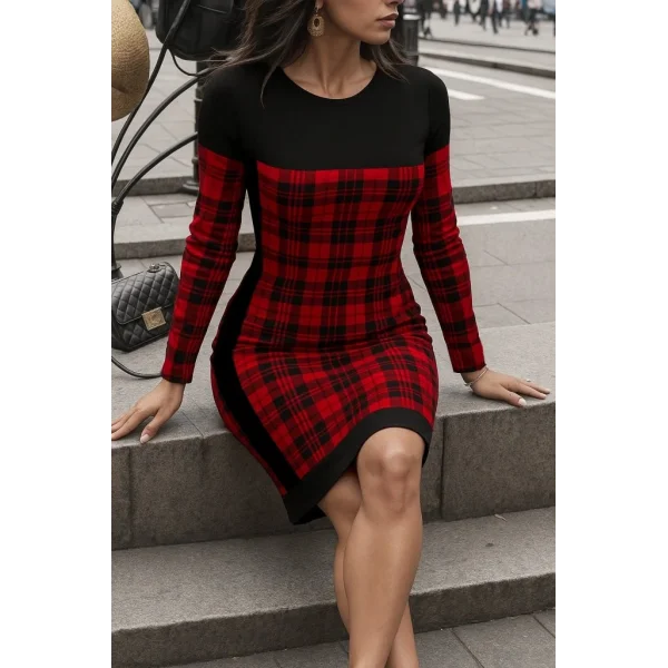 Kadın Uzun Kollu Yanları Siyah şerit Detay Kırmızı Ekoseli Dalgıç Elbise