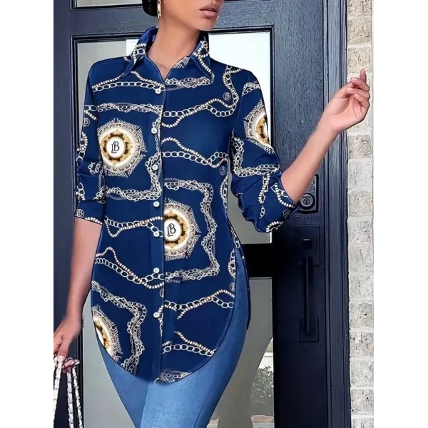 Kadın Uzun Kollu Yanları Yırtmaç Detay Desenli Gömlek