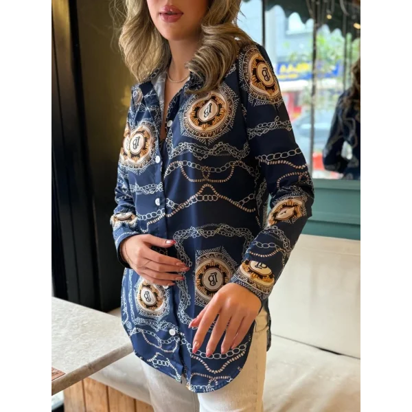 Kadın Uzun Kollu Yanları Yırtmaç Detay Desenli Gömlek