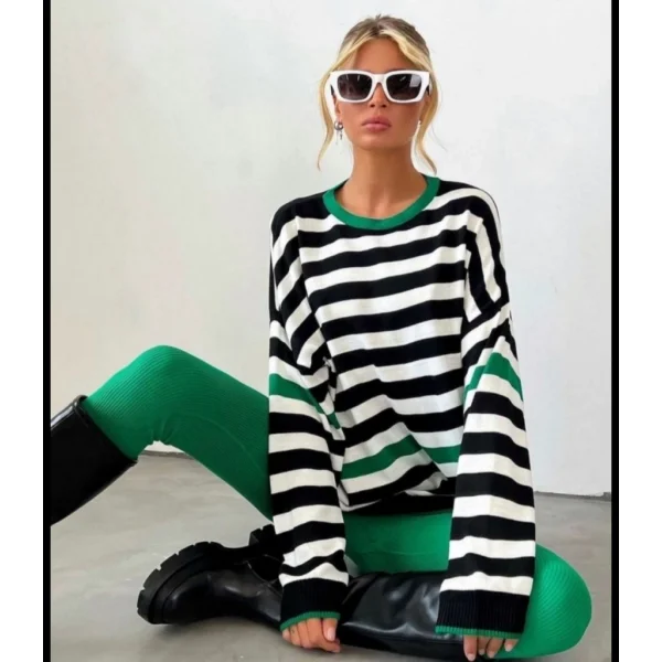 Kadın Uzun Kollu Yarasa Kol şerit Detay Triko Kazak